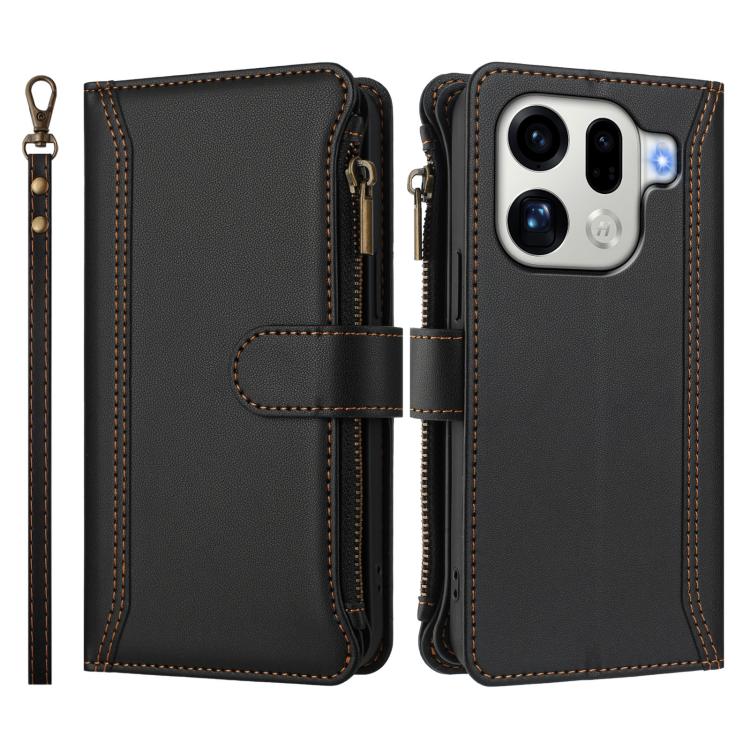 For OPPO Find X9 Pro Magnetic Closure 9 Card Slots Zipper Leather Case with Hand Strap