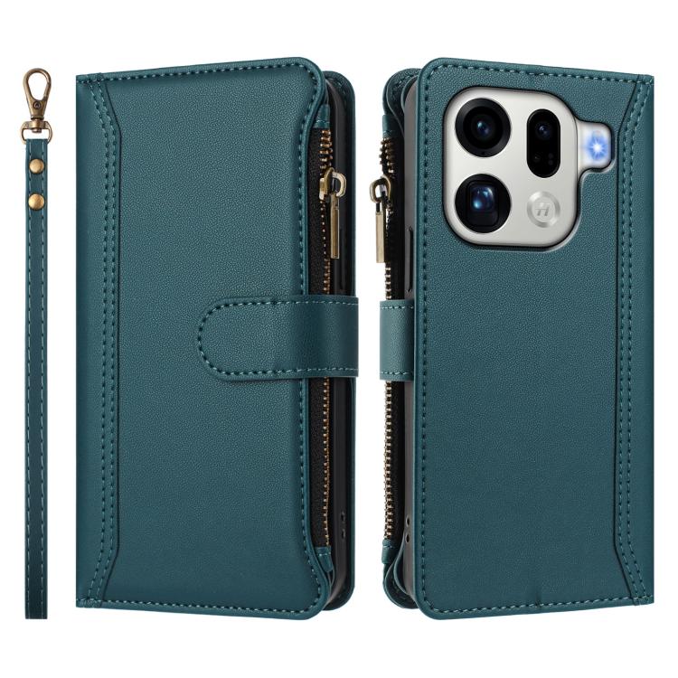 For OPPO Find X9 Pro Magnetic Closure 9 Card Slots Zipper Leather Case with Hand Strap