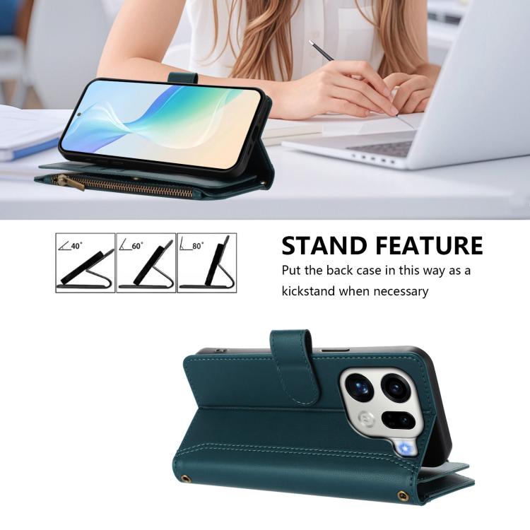 For OPPO Find X9 Pro Magnetic Closure 9 Card Slots Zipper Leather Case with Hand Strap