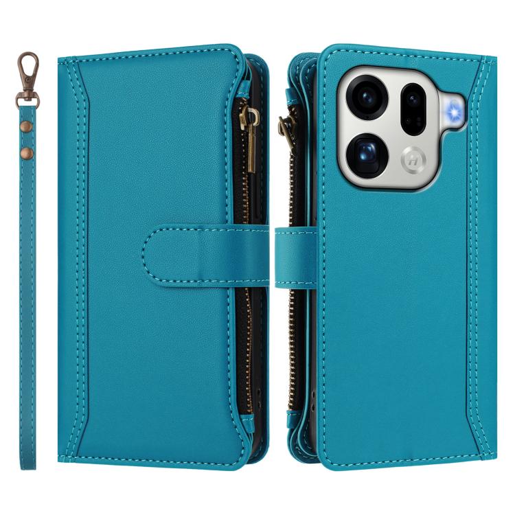 For OPPO Find X9 Pro Magnetic Closure 9 Card Slots Zipper Leather Case with Hand Strap