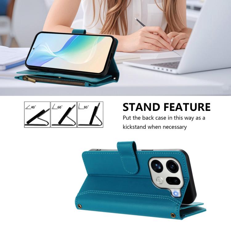 For OPPO Find X9 Pro Magnetic Closure 9 Card Slots Zipper Leather Case with Hand Strap