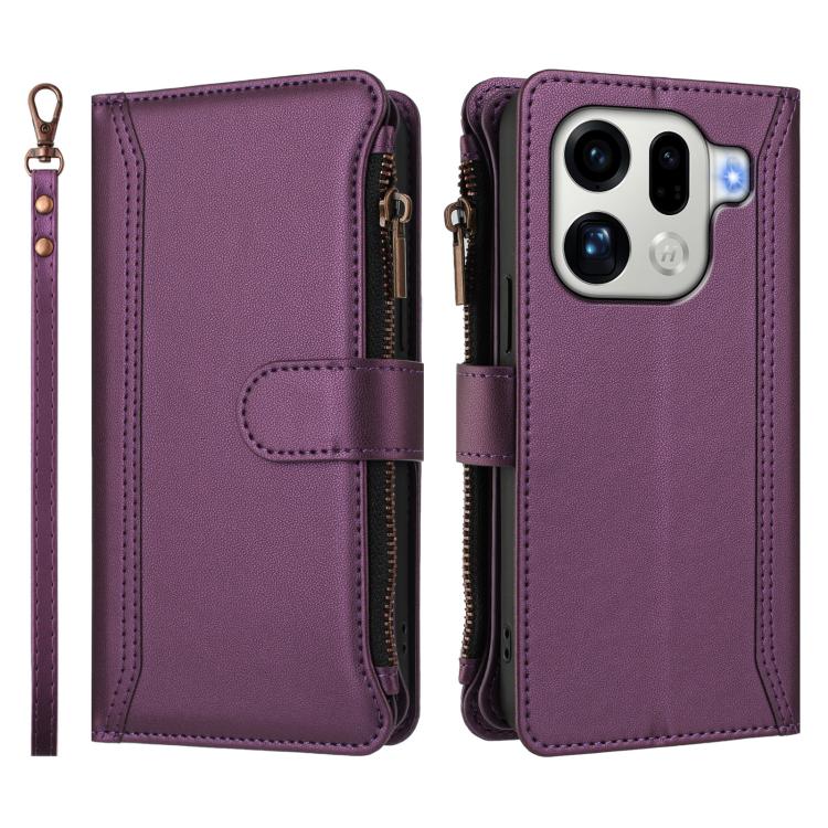 For OPPO Find X9 Pro Magnetic Closure 9 Card Slots Zipper Leather Case with Hand Strap