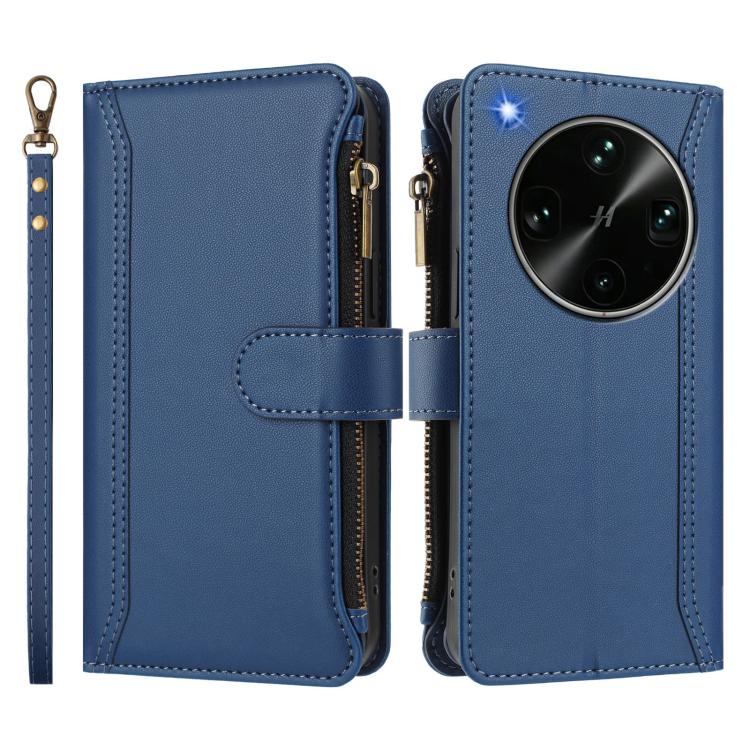 For OPPO Find X9 Ultra Magnetic Closure 9 Card Slots Zipper Leather Case with Hand Strap
