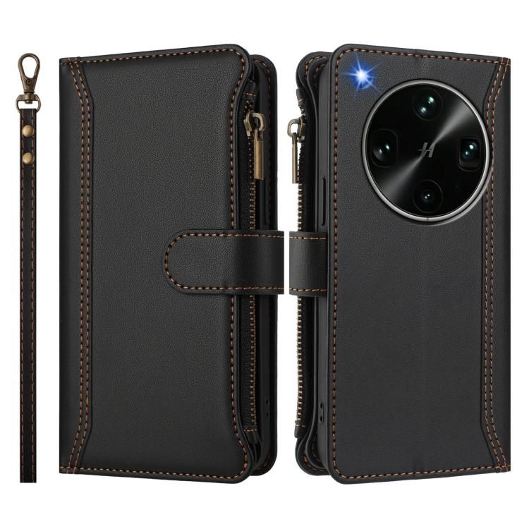 For OPPO Find X9 Ultra Magnetic Closure 9 Card Slots Zipper Leather Case with Hand Strap
