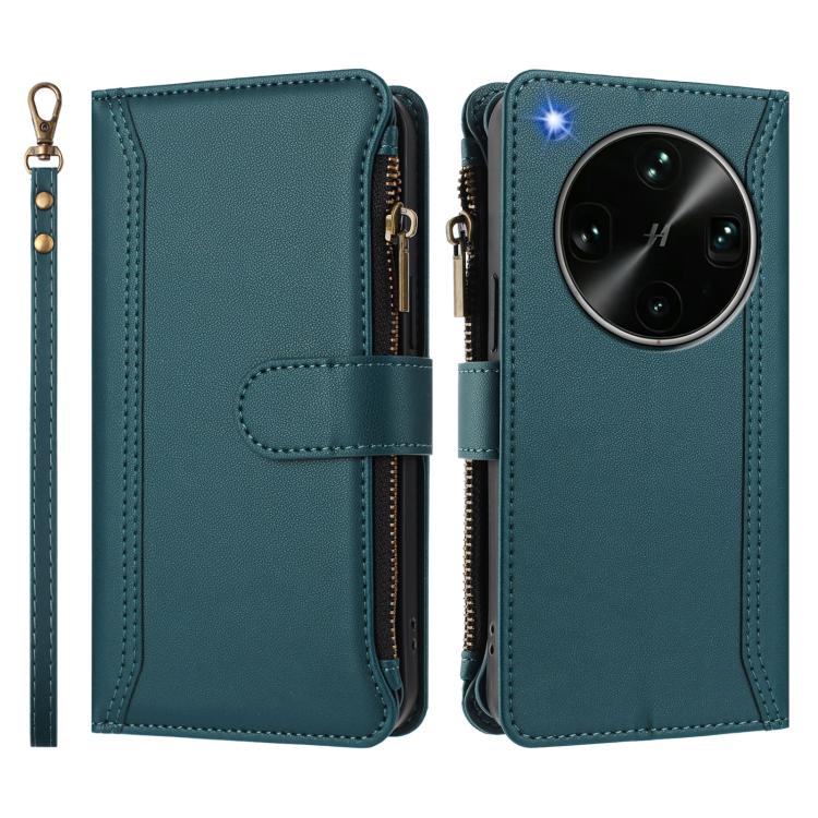 For OPPO Find X9 Ultra Magnetic Closure 9 Card Slots Zipper Leather Case with Hand Strap