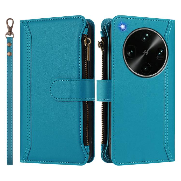 For OPPO Find X9 Ultra Magnetic Closure 9 Card Slots Zipper Leather Case with Hand Strap