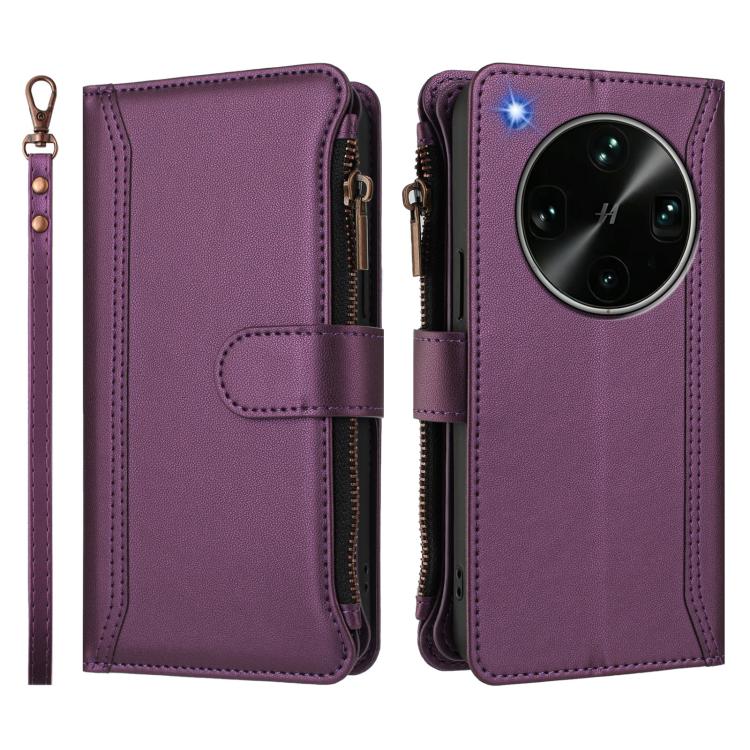 For OPPO Find X9 Ultra Magnetic Closure 9 Card Slots Zipper Leather Case with Hand Strap