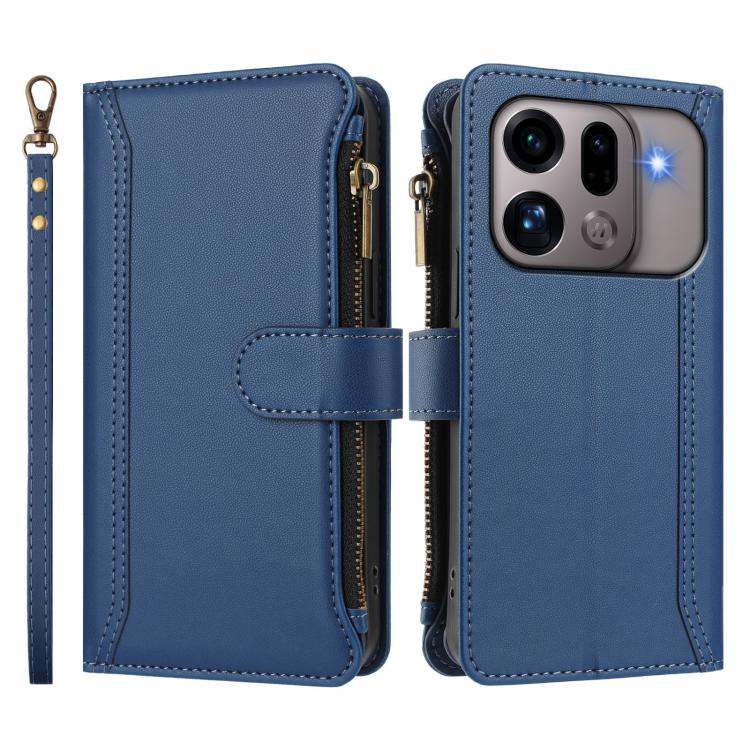 For OPPO Find X9s Pro 5G Magnetic Closure 9 Card Slots Zipper Leather Case with Hand Strap