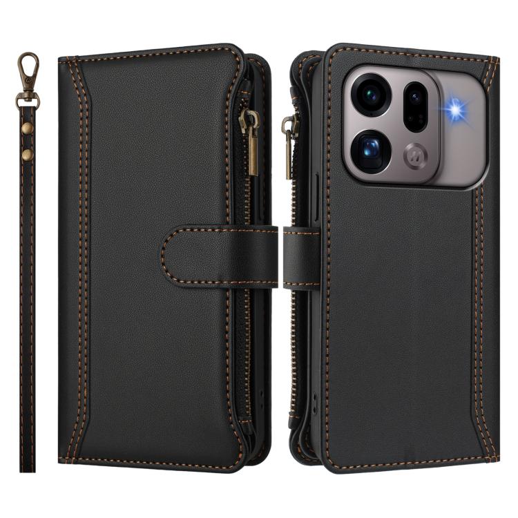 For OPPO Find X9s Pro 5G Magnetic Closure 9 Card Slots Zipper Leather Case with Hand Strap