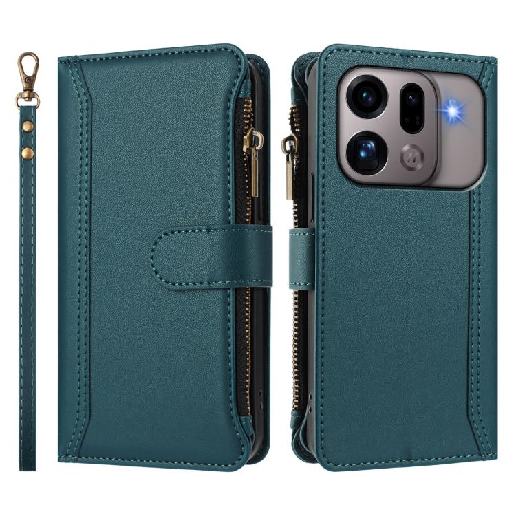 For OPPO Find X9s Pro 5G Magnetic Closure 9 Card Slots Zipper Leather Case with Hand Strap