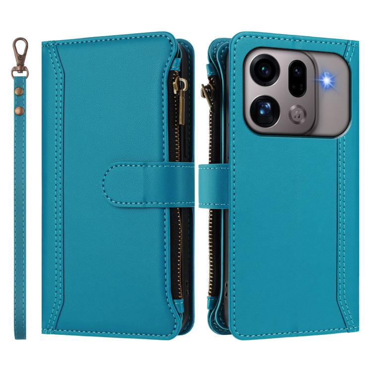 For OPPO Find X9s Pro 5G Magnetic Closure 9 Card Slots Zipper Leather Case with Hand Strap