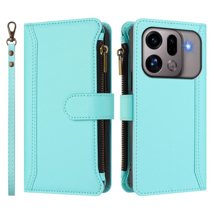 For OPPO Find X9s Pro 5G Magnetic Closure 9 Card Slots Zipper Leather Case with Hand Strap