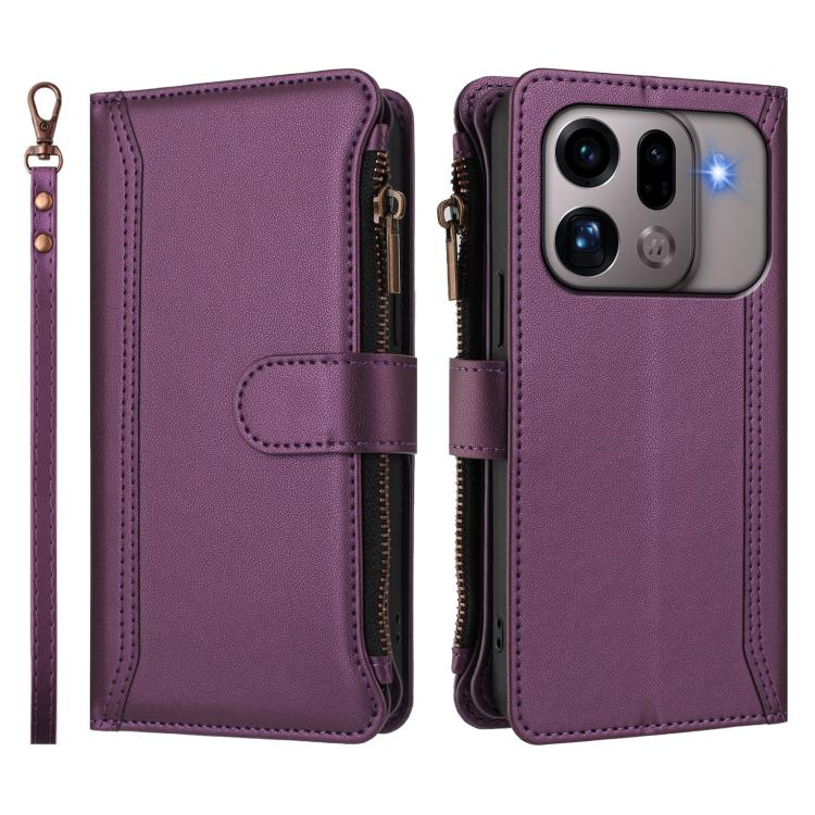 For OPPO Find X9s Pro 5G Magnetic Closure 9 Card Slots Zipper Leather Case with Hand Strap