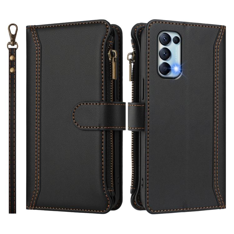 For OPPO Reno5 5G / Find X3 Lite Magnetic Closure 9 Card Slots Zipper Leather Case with Hand Strap