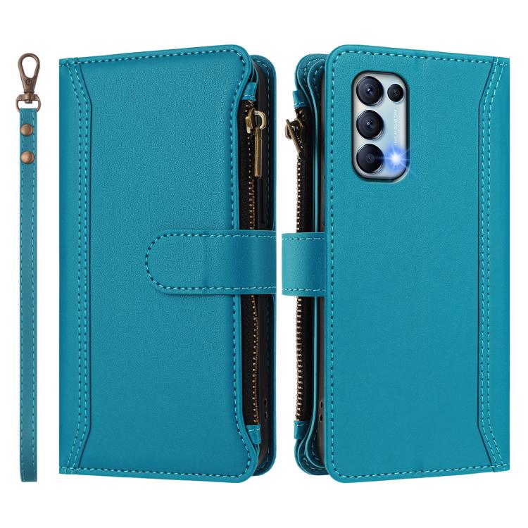 For OPPO Reno5 5G / Find X3 Lite Magnetic Closure 9 Card Slots Zipper Leather Case with Hand Strap