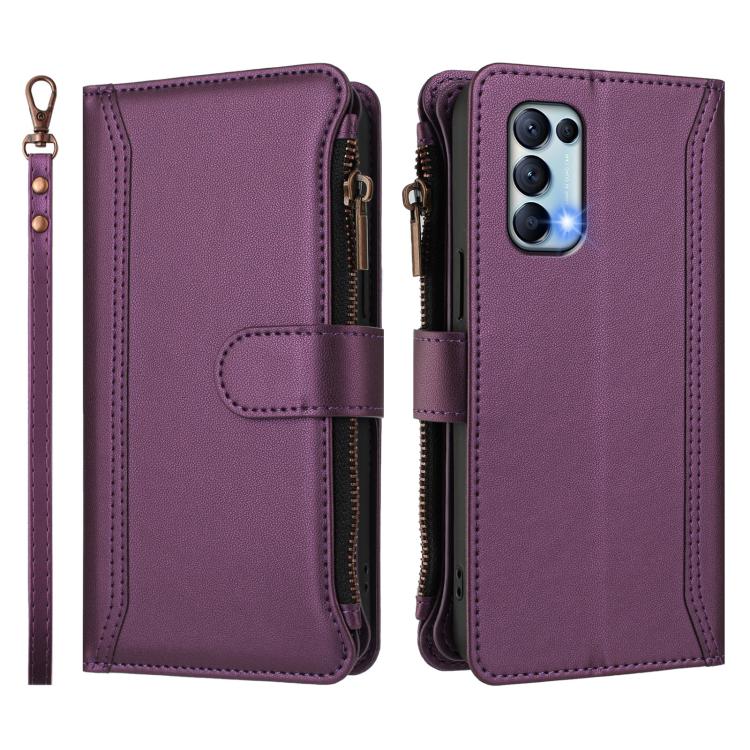 For OPPO Reno5 5G / Find X3 Lite Magnetic Closure 9 Card Slots Zipper Leather Case with Hand Strap