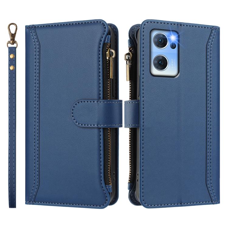 For OPPO Reno7 5G Global / Find X5 Lite Magnetic Closure 9 Card Slots Zipper Leather Case with Hand Strap