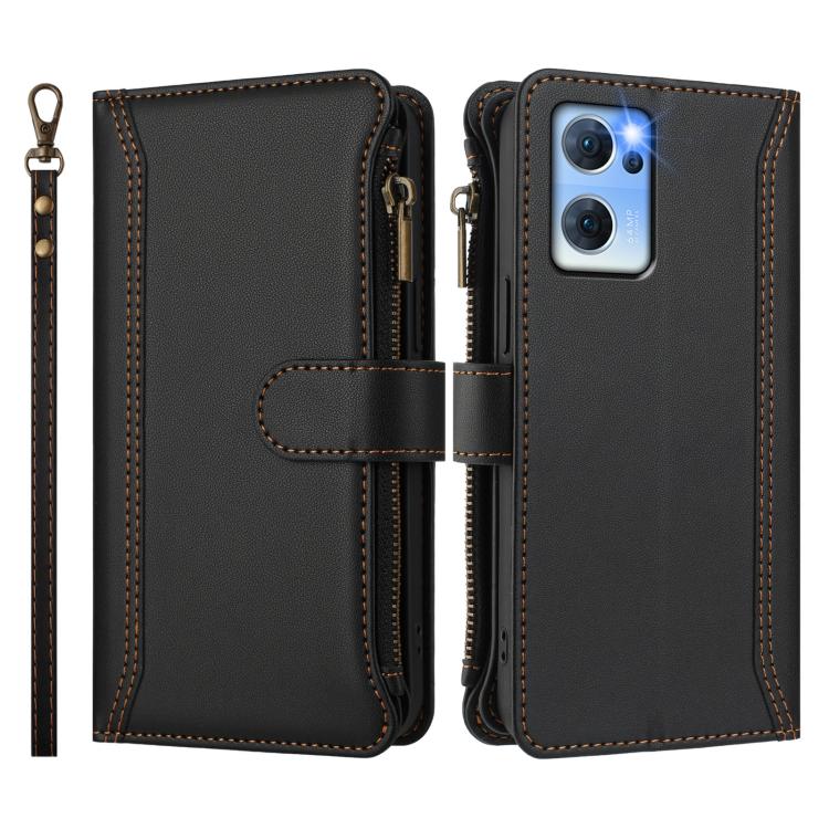 For OPPO Reno7 5G Global / Find X5 Lite Magnetic Closure 9 Card Slots Zipper Leather Case with Hand Strap