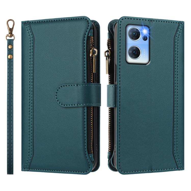 For OPPO Reno7 5G Global / Find X5 Lite Magnetic Closure 9 Card Slots Zipper Leather Case with Hand Strap