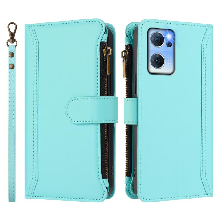 For OPPO Reno7 5G Global / Find X5 Lite Magnetic Closure 9 Card Slots Zipper Leather Case with Hand Strap