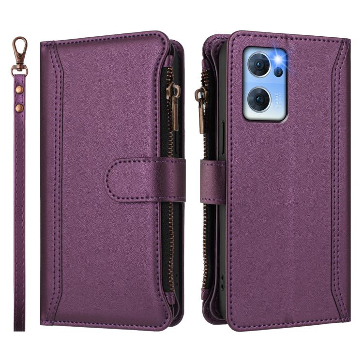 For OPPO Reno7 5G Global / Find X5 Lite Magnetic Closure 9 Card Slots Zipper Leather Case with Hand Strap