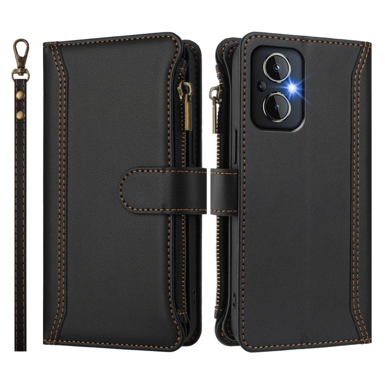 For OPPO Reno8 4G Global / Reno7 4G Global Magnetic Closure 9 Card Slots Zipper Leather Case with Hand Strap