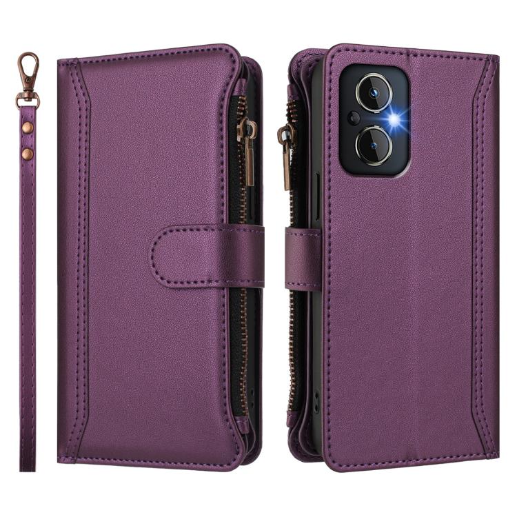 For OPPO Reno8 4G Global / Reno7 4G Global Magnetic Closure 9 Card Slots Zipper Leather Case with Hand Strap