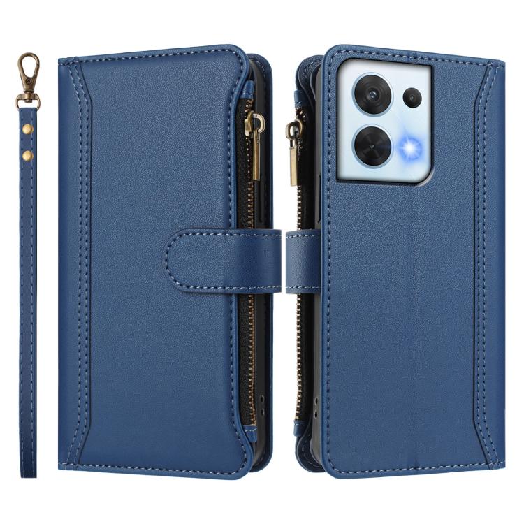 For OPPO Reno8 5G Global Magnetic Closure 9 Card Slots Zipper Leather Case with Hand Strap