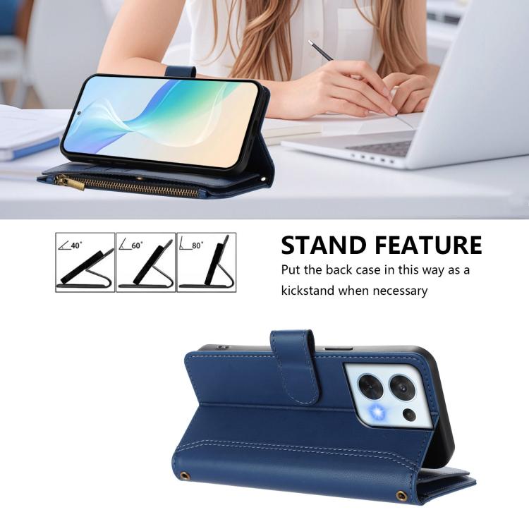 For OPPO Reno8 5G Global Magnetic Closure 9 Card Slots Zipper Leather Case with Hand Strap