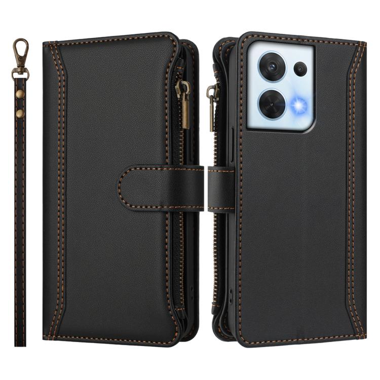 For OPPO Reno8 5G Global Magnetic Closure 9 Card Slots Zipper Leather Case with Hand Strap