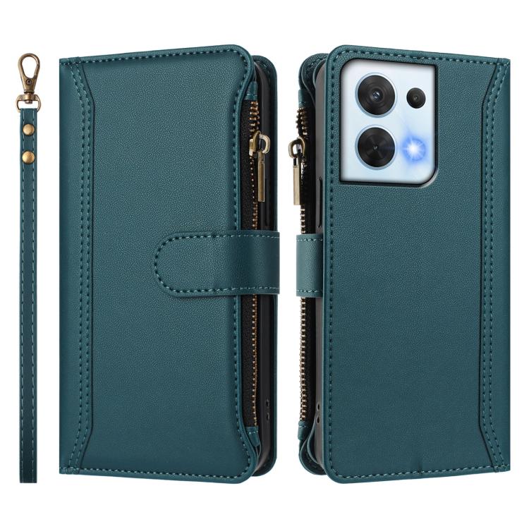 For OPPO Reno8 5G Global Magnetic Closure 9 Card Slots Zipper Leather Case with Hand Strap