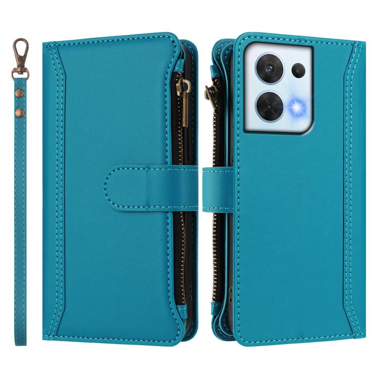 For OPPO Reno8 5G Global Magnetic Closure 9 Card Slots Zipper Leather Case with Hand Strap