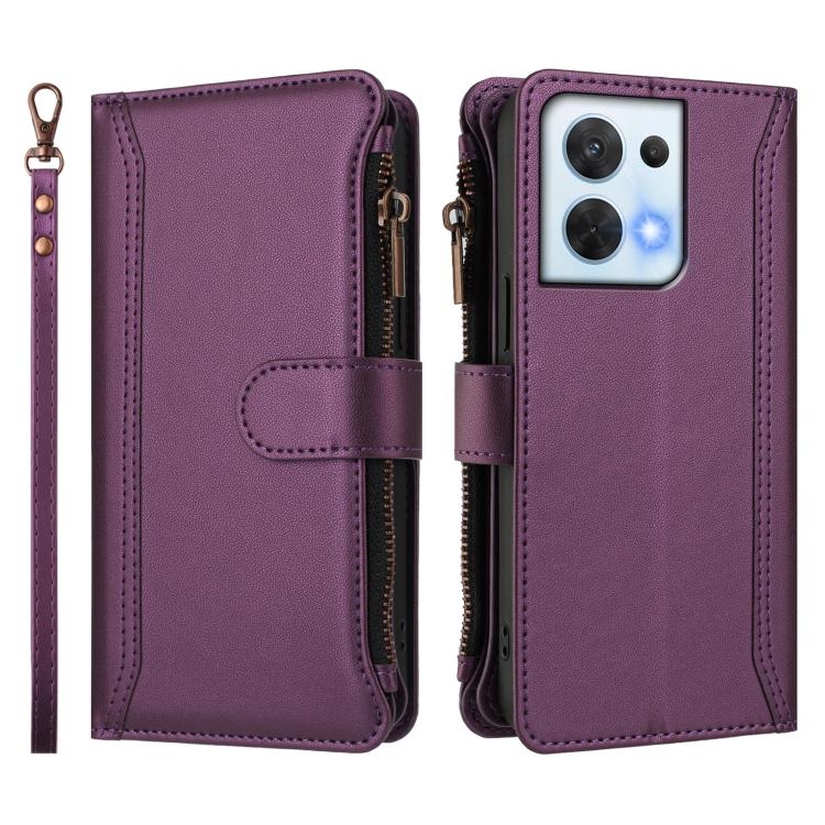 For OPPO Reno8 5G Global Magnetic Closure 9 Card Slots Zipper Leather Case with Hand Strap