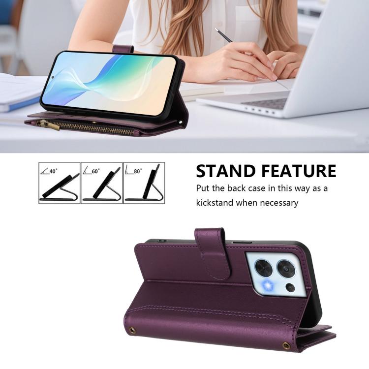 For OPPO Reno8 5G Global Magnetic Closure 9 Card Slots Zipper Leather Case with Hand Strap