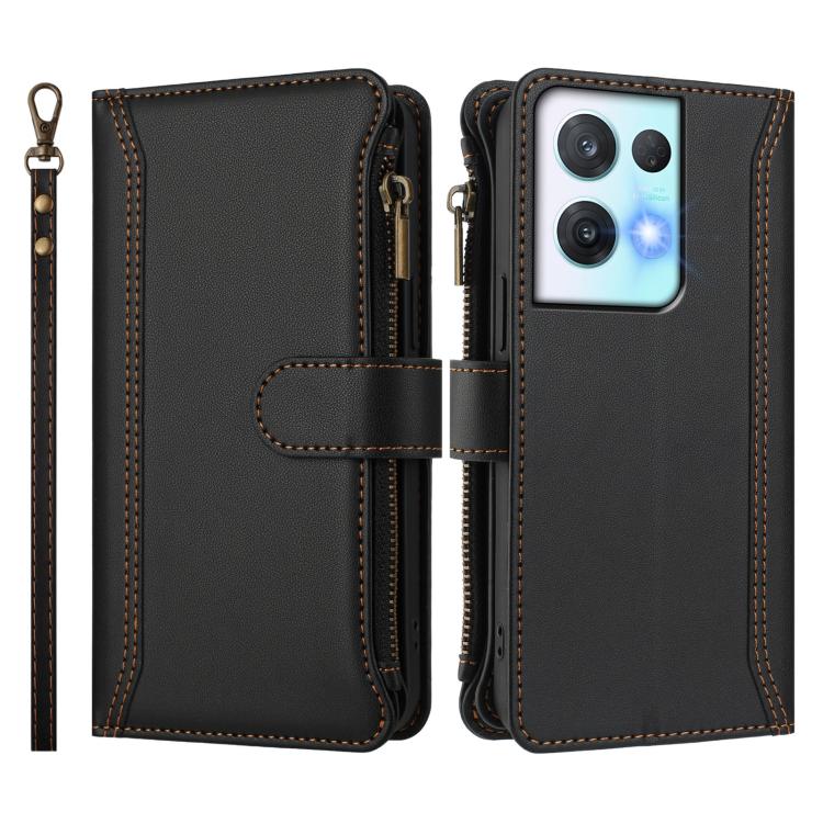 For OPPO Reno8 Pro 5G Magnetic Closure 9 Card Slots Zipper Leather Case with Hand Strap