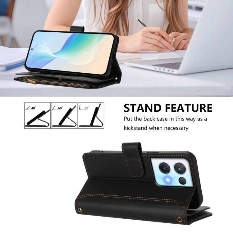 For OPPO Reno8 Pro 5G Magnetic Closure 9 Card Slots Zipper Leather Case with Hand Strap