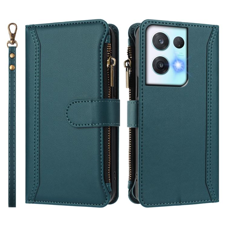For OPPO Reno8 Pro 5G Magnetic Closure 9 Card Slots Zipper Leather Case with Hand Strap