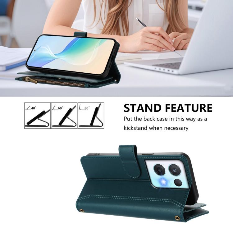 For OPPO Reno8 Pro 5G Magnetic Closure 9 Card Slots Zipper Leather Case with Hand Strap