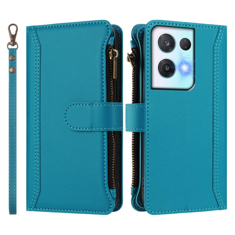 For OPPO Reno8 Pro 5G Magnetic Closure 9 Card Slots Zipper Leather Case with Hand Strap