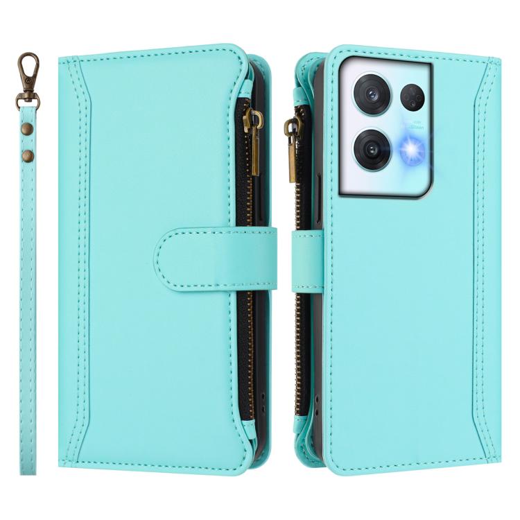For OPPO Reno8 Pro 5G Magnetic Closure 9 Card Slots Zipper Leather Case with Hand Strap