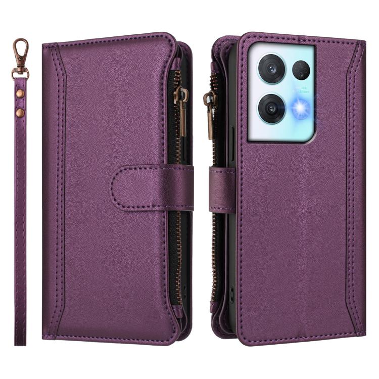 For OPPO Reno8 Pro 5G Magnetic Closure 9 Card Slots Zipper Leather Case with Hand Strap