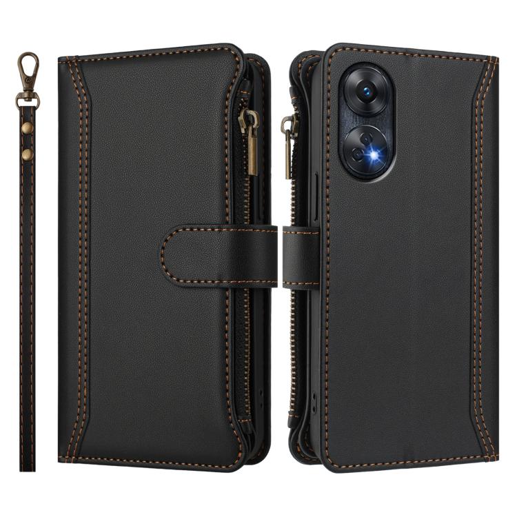 For OPPO Reno8 T 4G Magnetic Closure 9 Card Slots Zipper Leather Case with Hand Strap