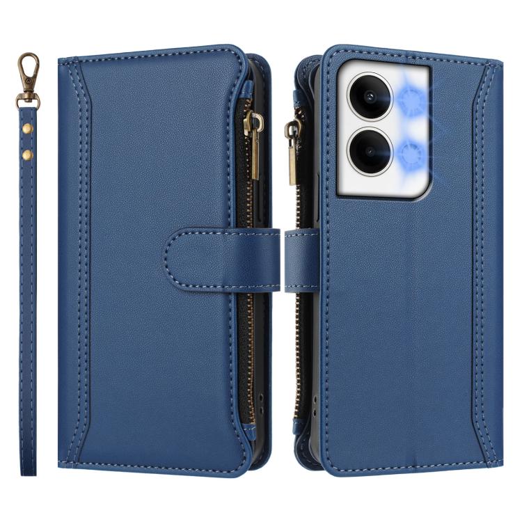 For OPPO Reno9 5G / 9 Pro 5G Magnetic Closure 9 Card Slots Zipper Leather Case with Hand Strap