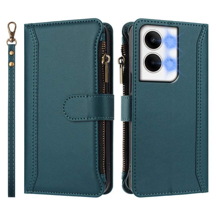 For OPPO Reno9 5G / 9 Pro 5G Magnetic Closure 9 Card Slots Zipper Leather Case with Hand Strap