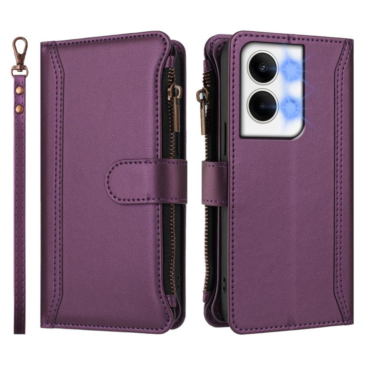 For OPPO Reno9 5G / 9 Pro 5G Magnetic Closure 9 Card Slots Zipper Leather Case with Hand Strap