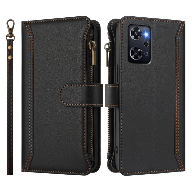 For OPPO Reno9 A Magnetic Closure 9 Card Slots Zipper Leather Case with Hand Strap