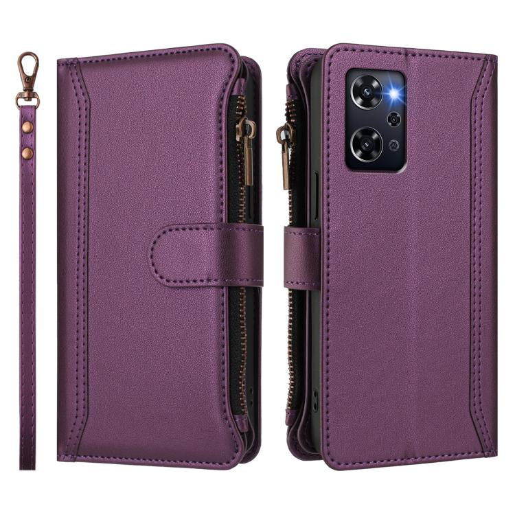 For OPPO Reno9 A Magnetic Closure 9 Card Slots Zipper Leather Case with Hand Strap