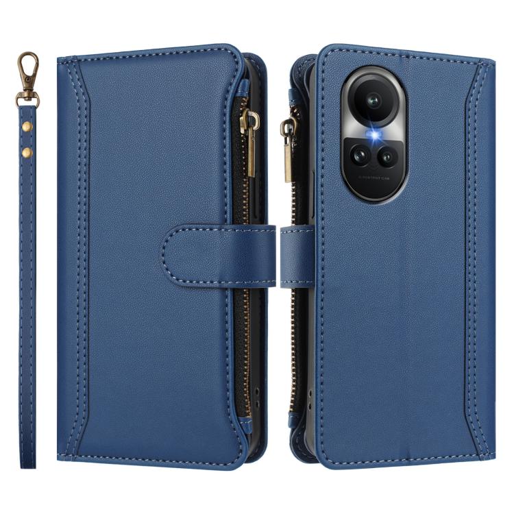 For OPPO Reno10 Global / Reno10 Pro Global Magnetic Closure 9 Card Slots Zipper Leather Case with Hand Strap