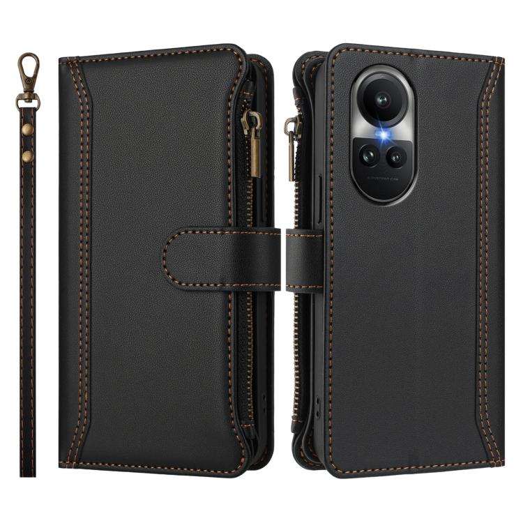 For OPPO Reno10 Global / Reno10 Pro Global Magnetic Closure 9 Card Slots Zipper Leather Case with Hand Strap