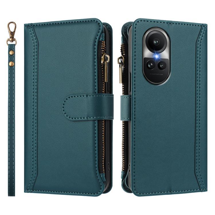 For OPPO Reno10 Global / Reno10 Pro Global Magnetic Closure 9 Card Slots Zipper Leather Case with Hand Strap